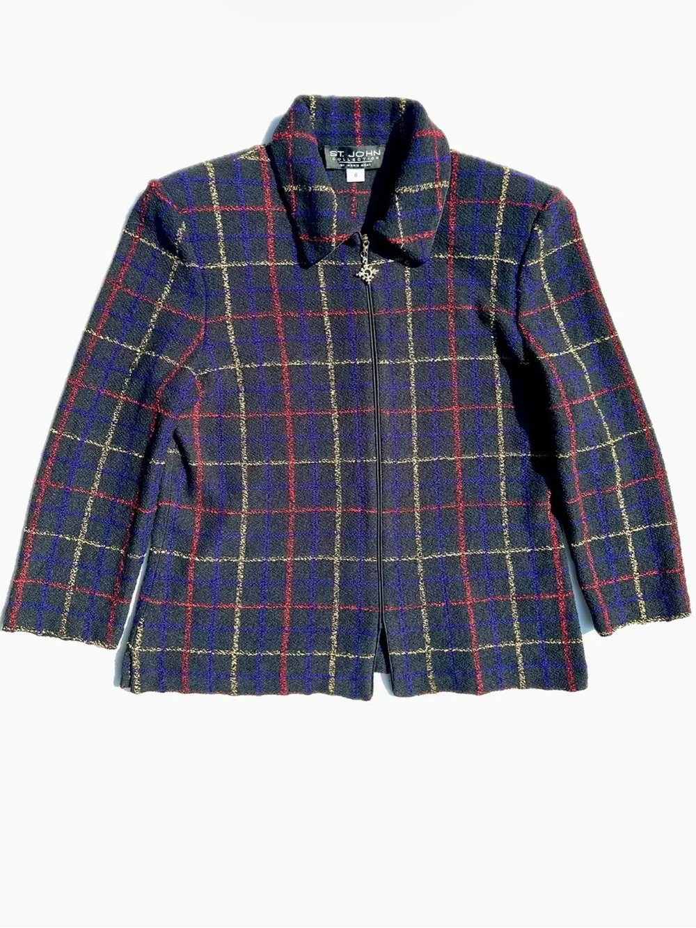 St. John Collection Marie Gray Santana Knit Plaid Zip Jacket Black Windowpane, 8